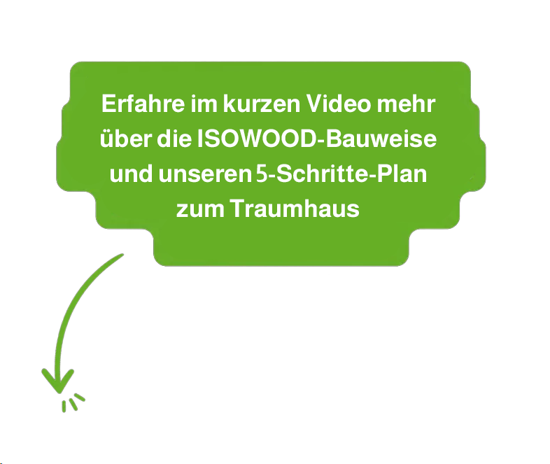 Green speech-bubble banner with white German text inviting viewers to watch a short video about ISOWOOD construction and a 5-step plan for your dream home; a green downward-arrow icon is below.