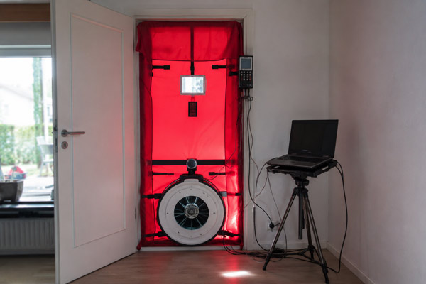 Red-lit upright safety chamber with a large circular instrument at its base, a small screen mounted in the center, and a wall keypad; a laptop on a tripod stand to the right.