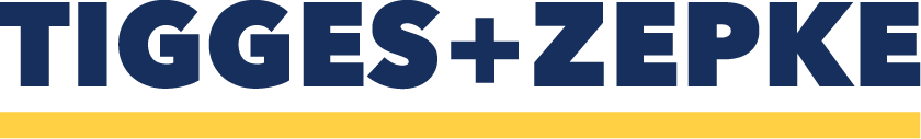 TIGGES+ZEPKE logo in bold navy letters with a yellow stripe underneath.