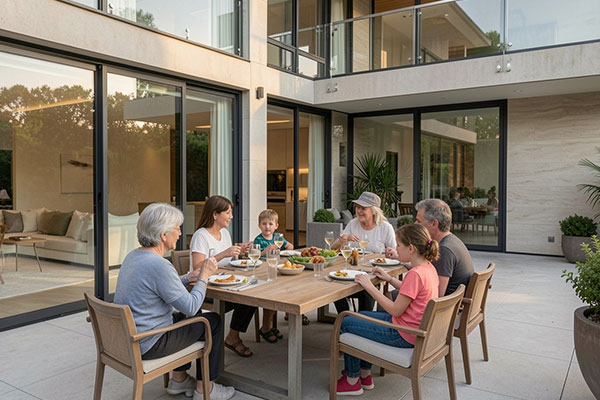 A multi‑generational family dining together at an outdoor patio table in front of a modern house with glass doors and plants nearby.